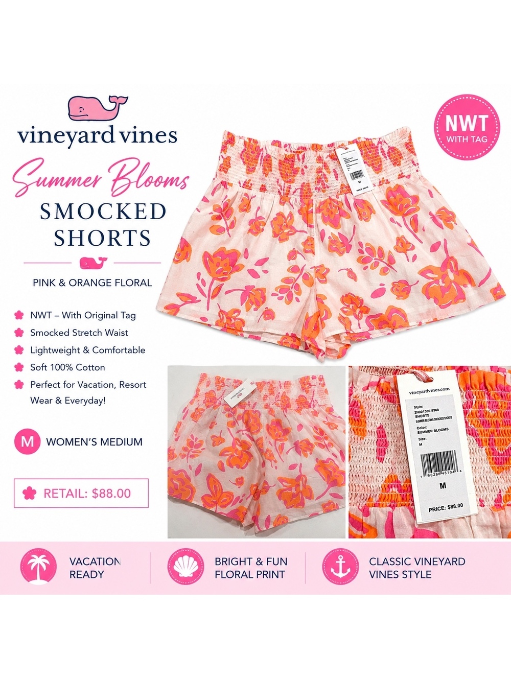 NWT Vineyard Vines Summer Blooms Smocked Shorts Pink Orange Floral M